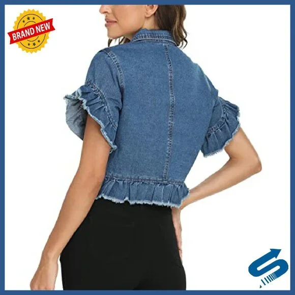 Cropped Denim Jacket with Ruffle Sleeves, Distressed Hem, Stretch Fit - Picture 3 of 8
